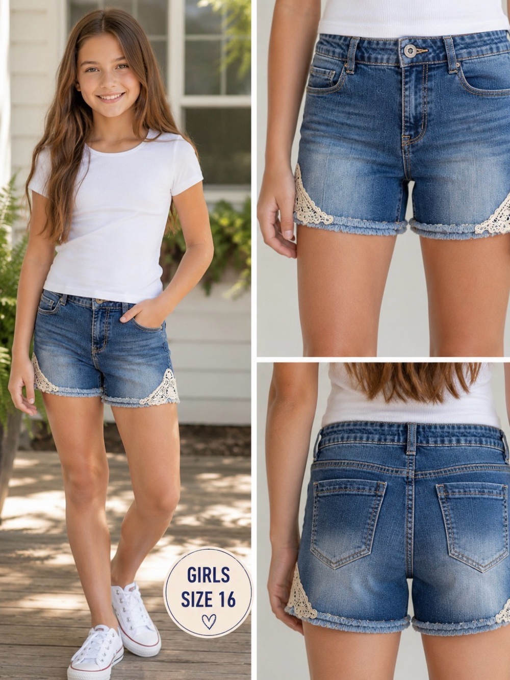 Epic Threads Girls Denim Shorts Size 16 Crochet Lace Trim Frayed Hem Stretch